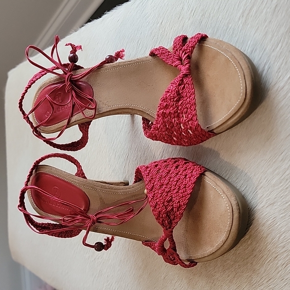COLE HAAN Lyris Red Macrame Woven Sandal Rope Open Toe Ankle Wrap Cork Heel - Picture 1 of 8